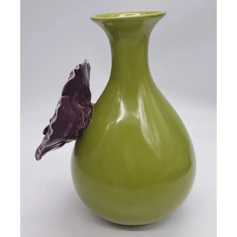 Anthropologie Rose of Sharon Grand Purple Flower On Olive Green Vase 9”x6”~ New
